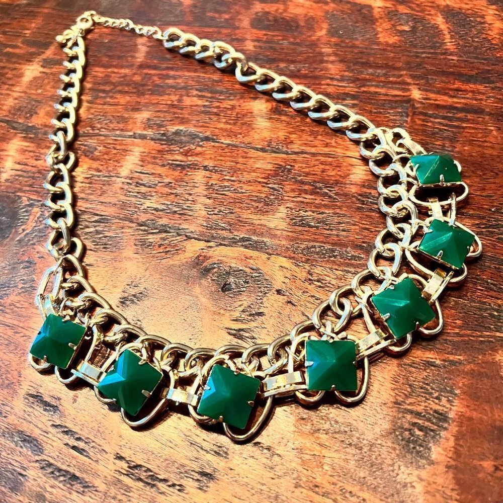 Green and Gold Pyramid Statement Necklace